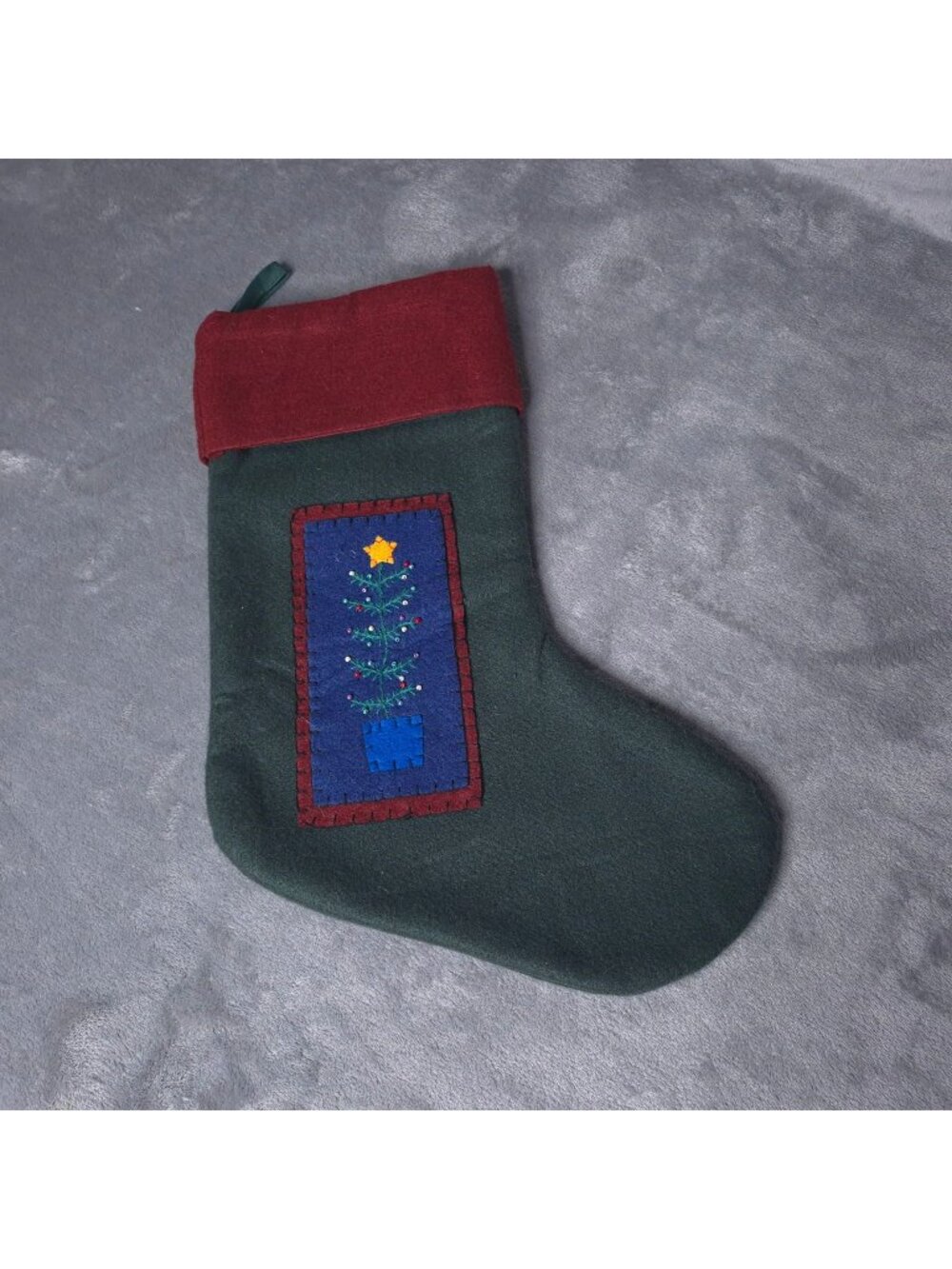 World Market Green & Red Felt Christmas Stocking Embroidered Tree Patch 17 in